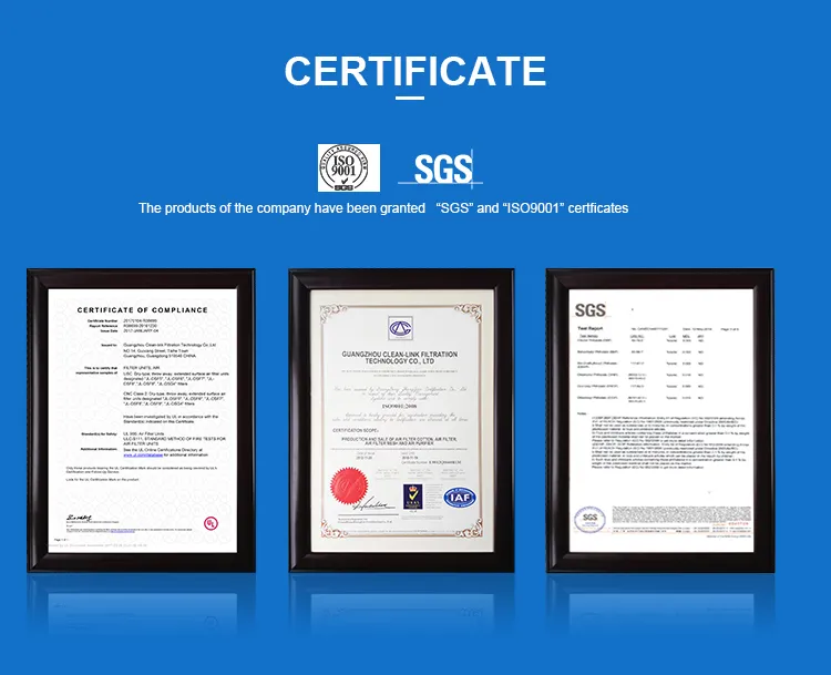 CleanLink's ISO9001-2015, SGS, and UL air filter standard certificates