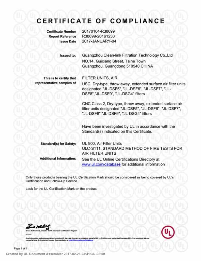 CleanLink's UL 900 Air Filter Units certificate