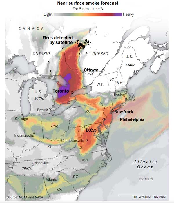 Demographic shows the forecast of how Canada's wildfires affect eastern Canada and the U.S.