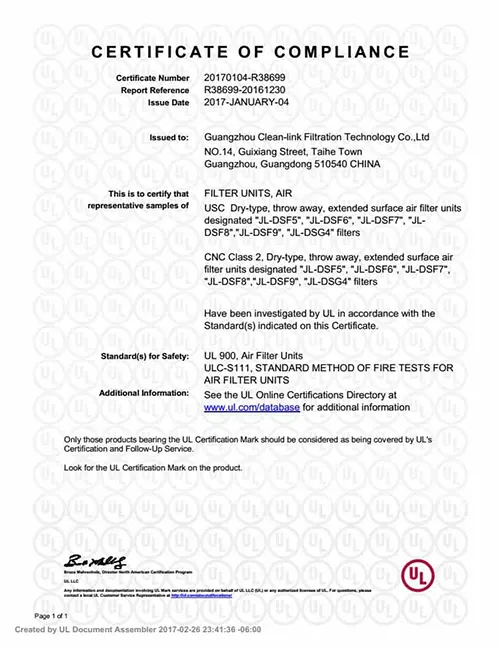CleanLink's UL certificate for air filter units and media