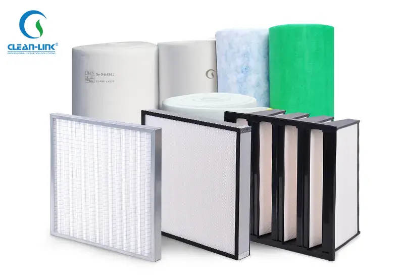 CleanLink's panel filter, HEPA filter, V-bank filter, and filter media.